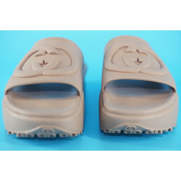 Gucci Miami GG Logo Rubber Slide Platform Mule Sandals Size 39 New $590 Camel - Picture 2 of 11